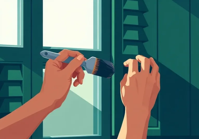 Mise en peinture au pinceau de volets et d'encadrements en bois
