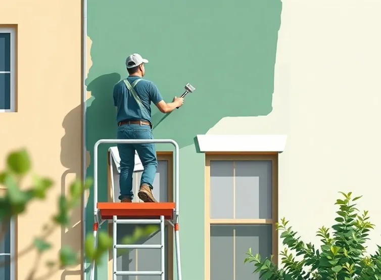 Peintre sur échafaudage traitant la façade d'une maison