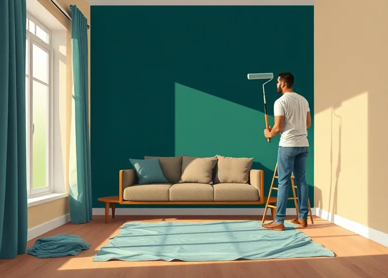 Peintre appliquant la peinture au rouleau sur un mur de salon